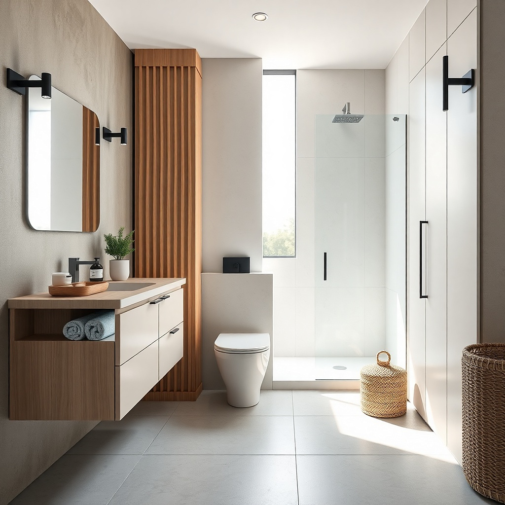 Textured gray vanity with light oak-style countertop and centered arched mirror