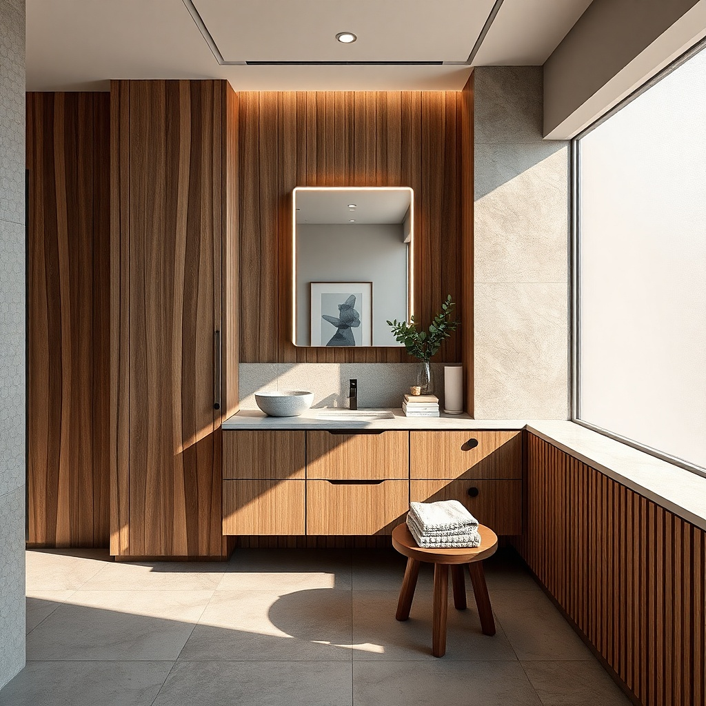 Channel-milled cabinet with warm white top and black faucet under a tall mirror
