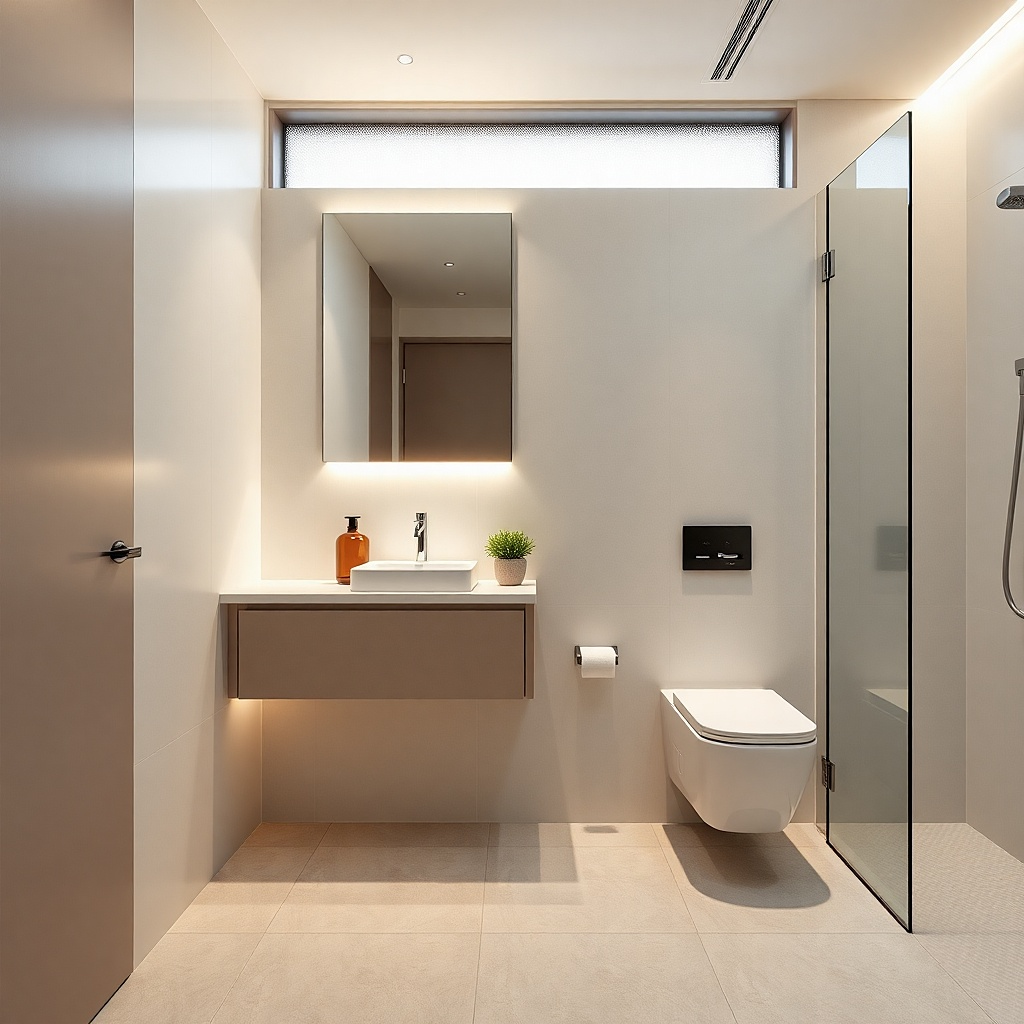 Slim recessed vanity with a countertop shelf edge and a wide mirror