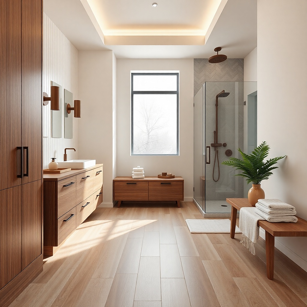 Walnut vanity with an integrated white sink and a minimal rectangular mirror