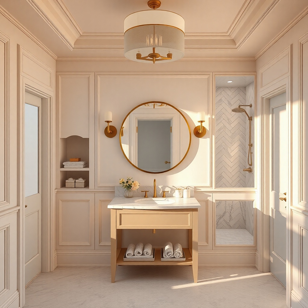 White marble-look vanity with gold pulls and a round mirror over a single sink