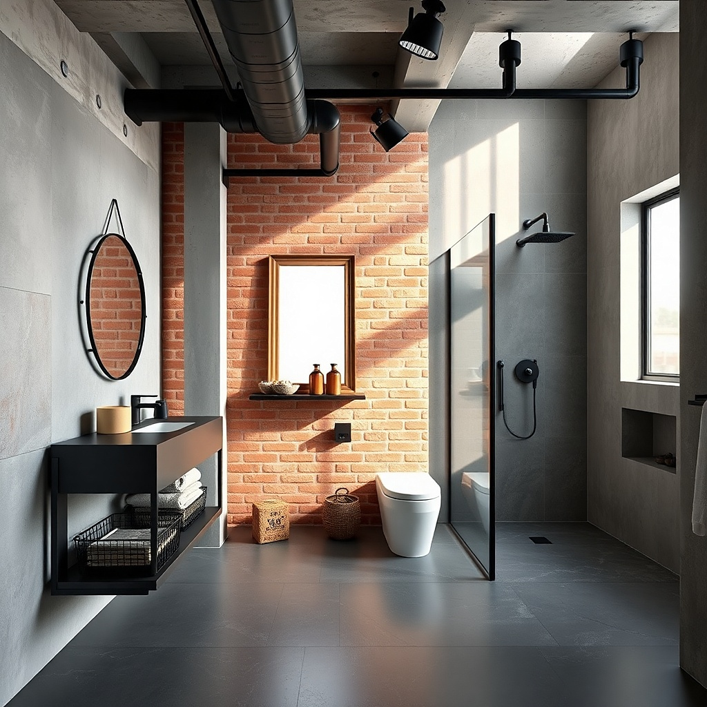 Black steel-look vanity with warm light countertop and clear glass mirror
