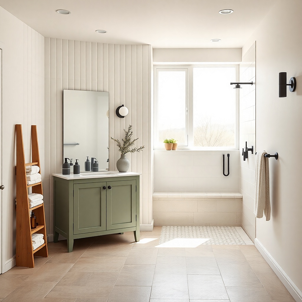 Sage green vanity with white countertop and matte black faucet under a tall mirror