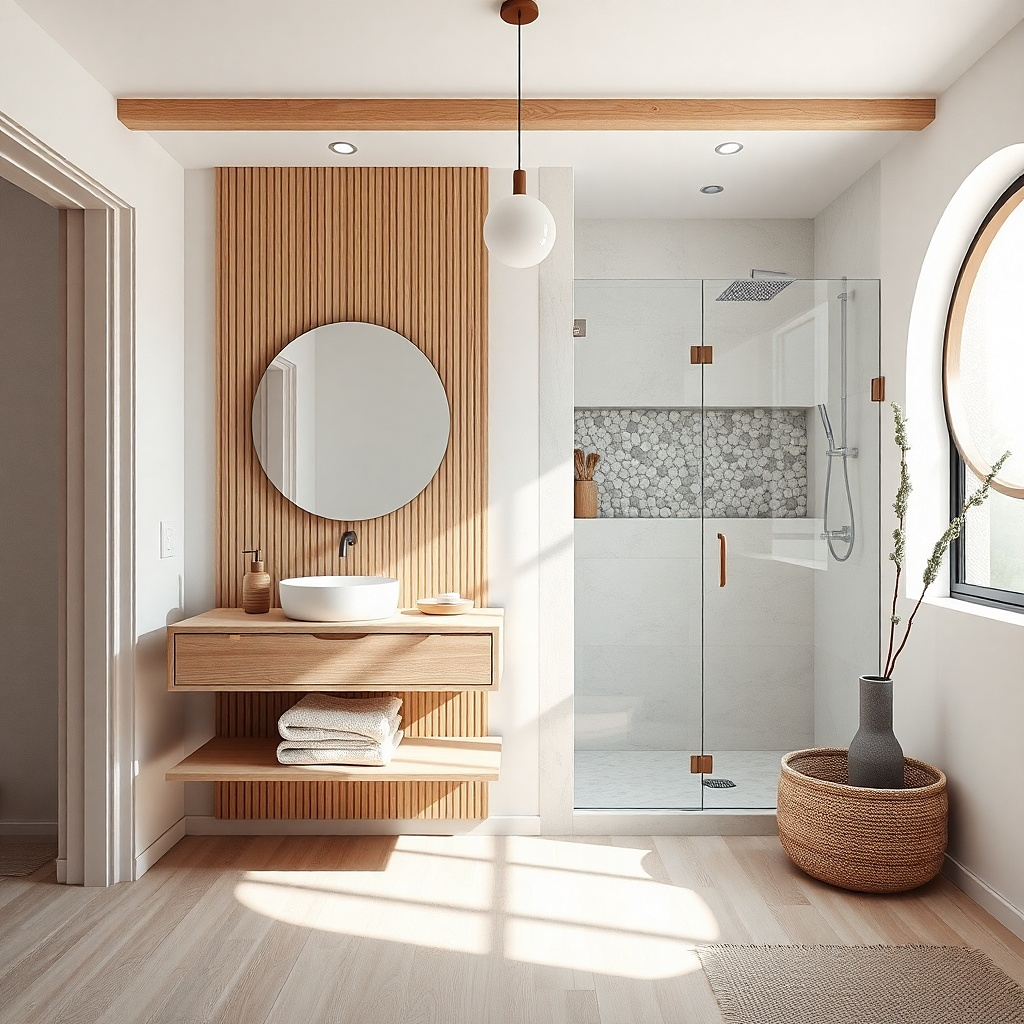 Light birch floating shelf vanity with a white vessel sink and round mirror