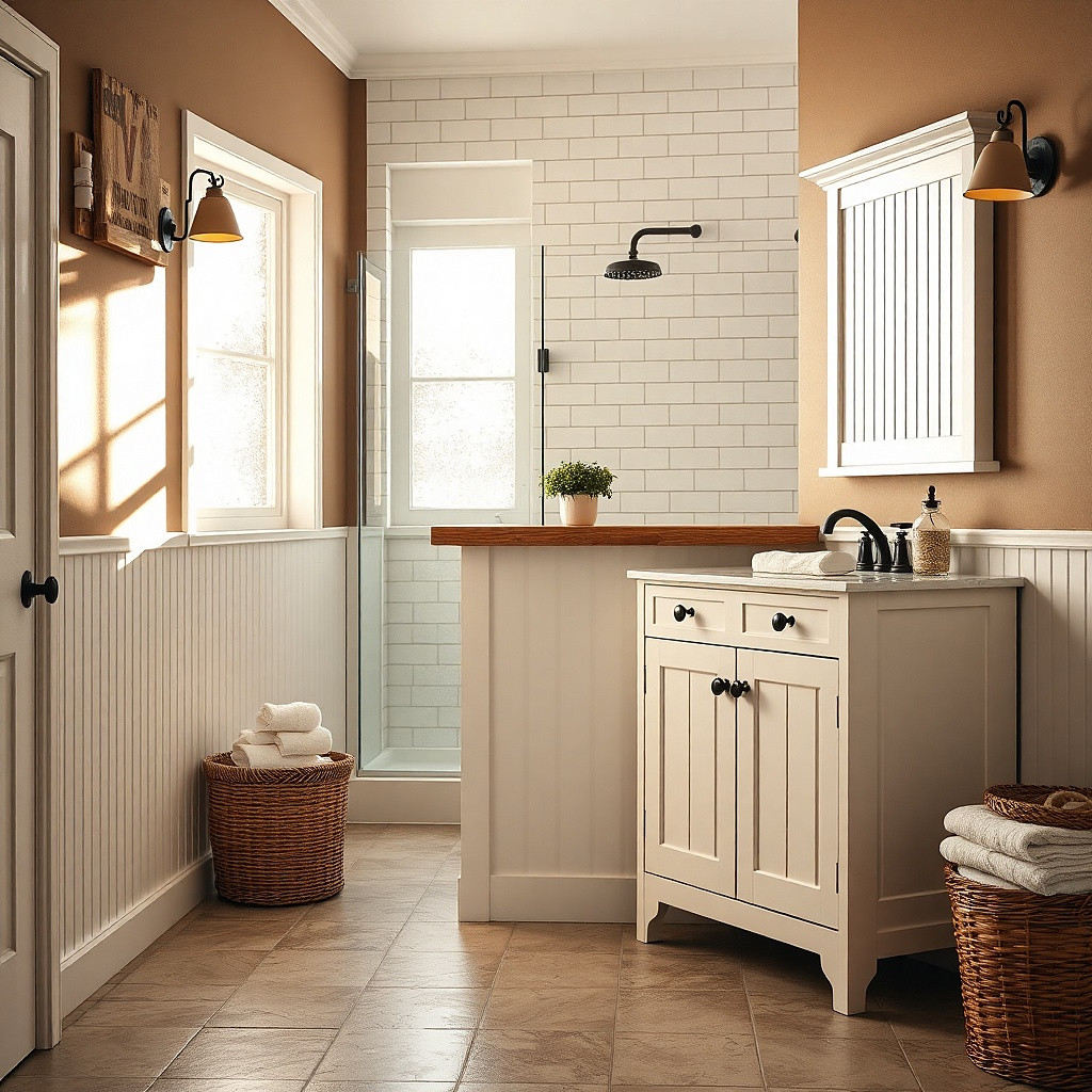Antique white raised-panel vanity with dark bronze faucet and a rectangular mirror