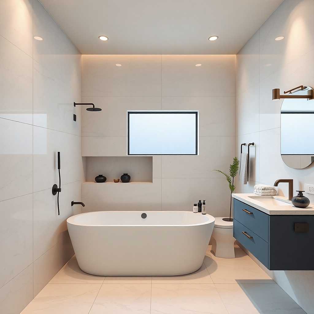 Soaking tub with tile-to-ceiling shower wall and narrow built-in niche