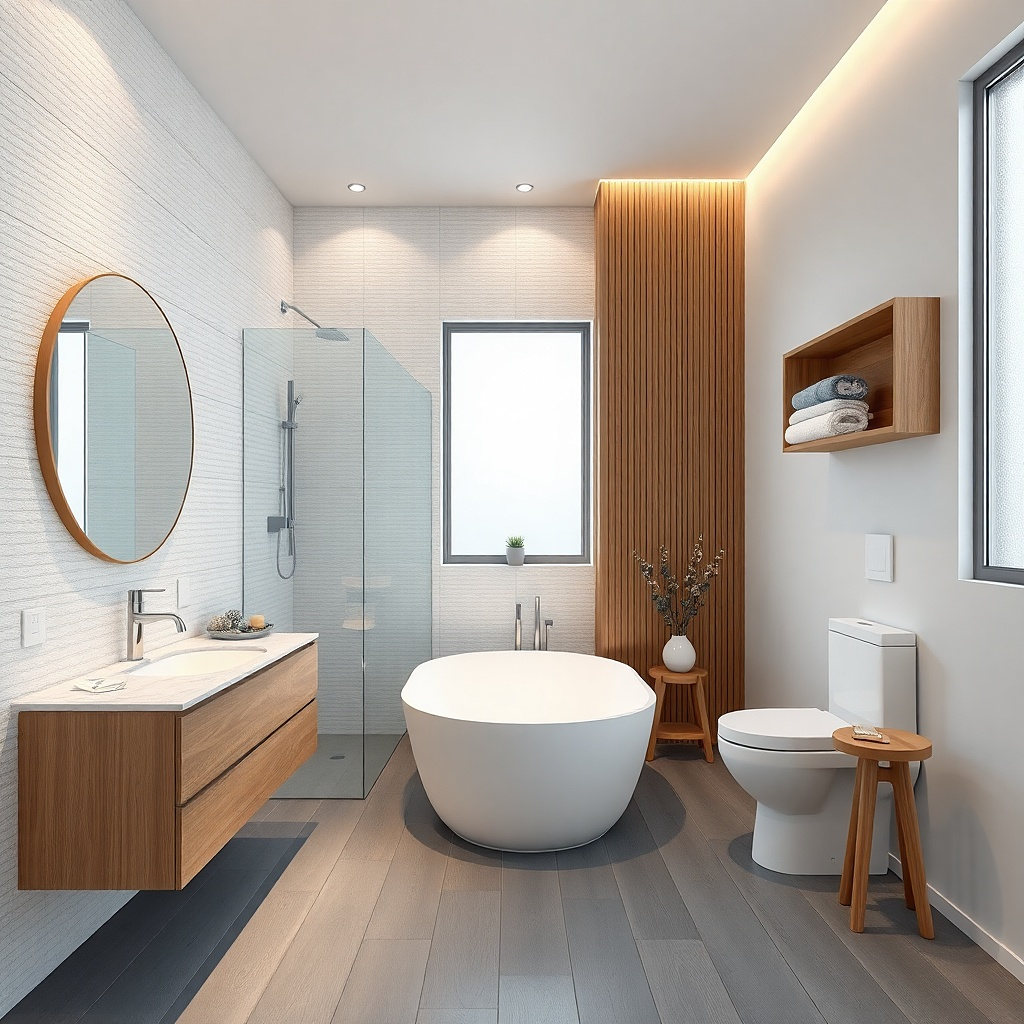 White soaking tub and wood-look accents around the shower glass