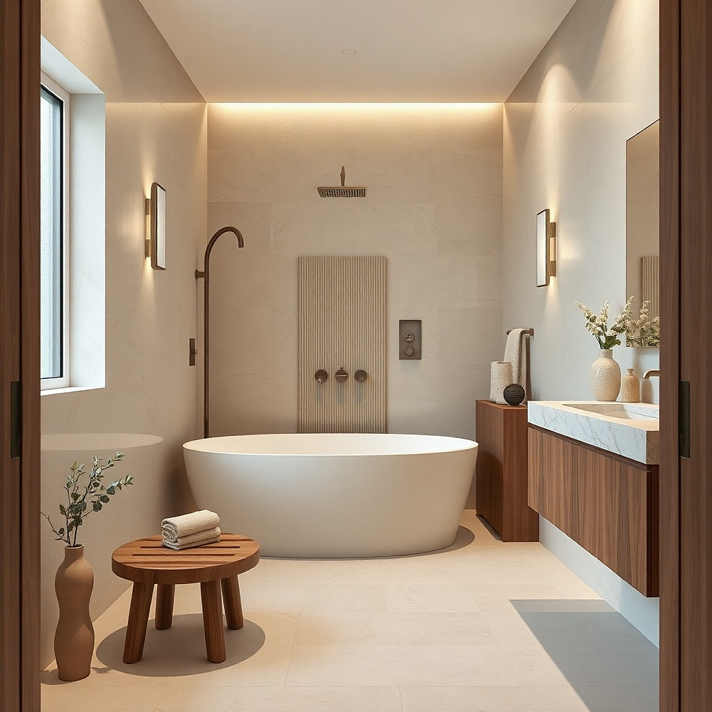 Stone-look tile walls and tub deck with clear glass panel