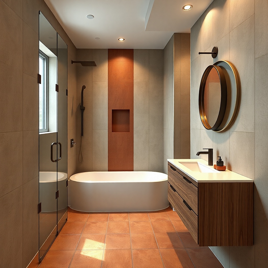 Concrete-look shower wall and white soaking tub with clear glass