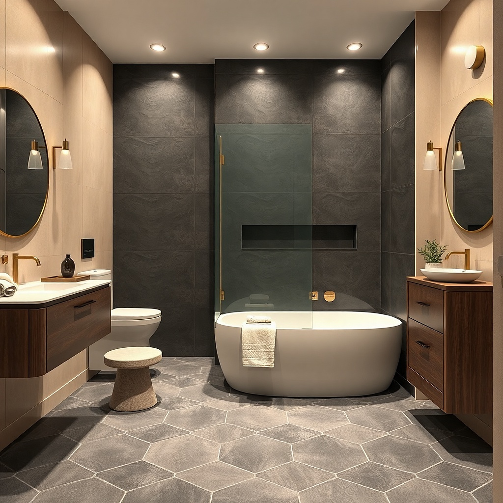 Light shower walls with darker tile tub deck and clear glass