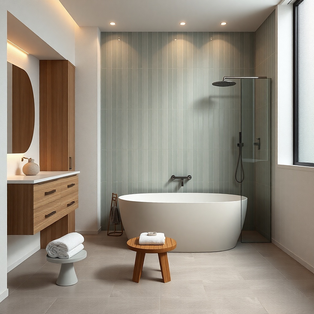 Curbless shower with clear glass and a smooth sloped tub deck