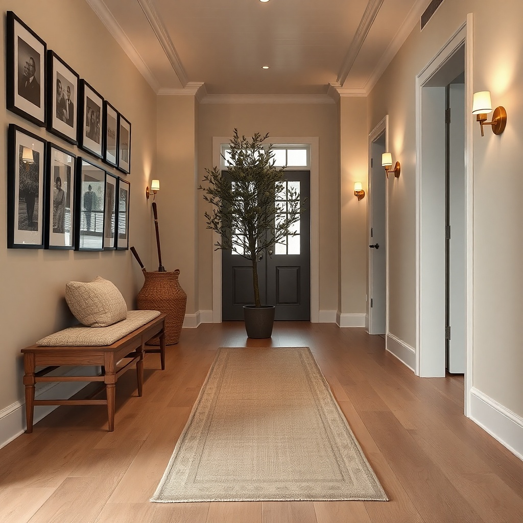 Long hallway with a very narrow runner and wide strips of floor on both sides