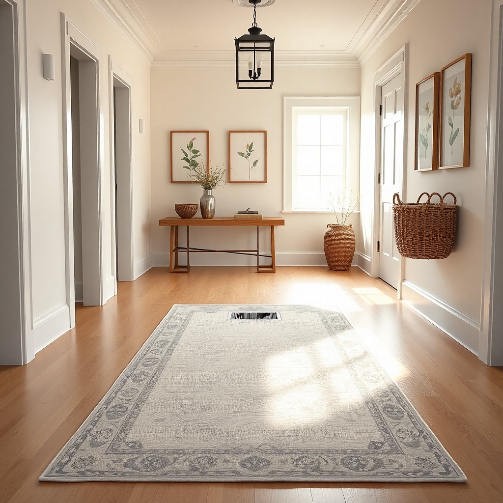 Hall runner covering a metal floor vent near the wall