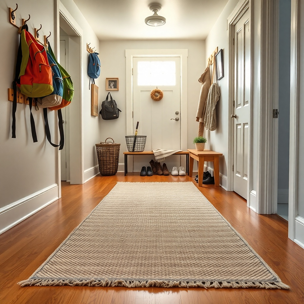 Runner shifted toward one wall in a straight hallway