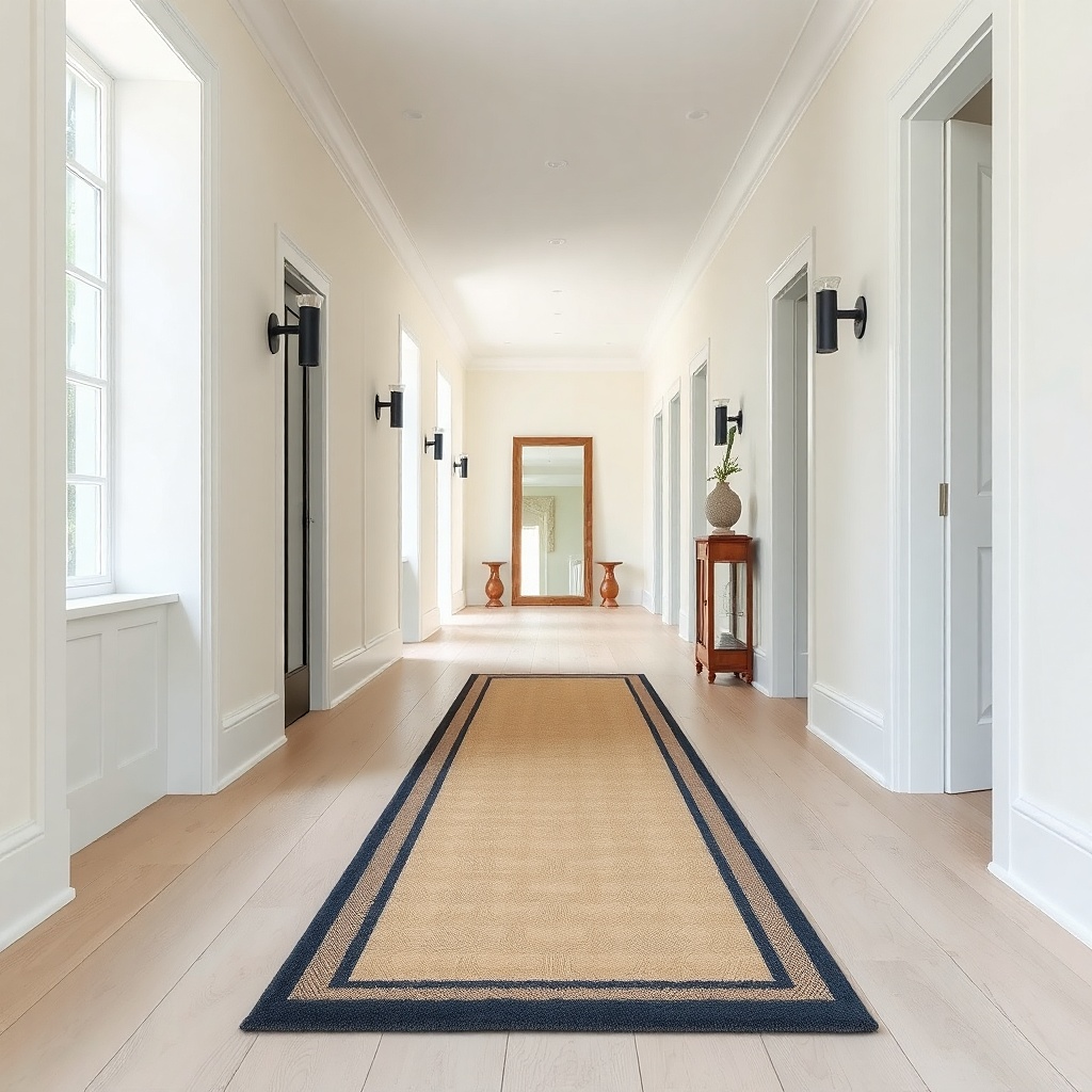 Runner with a wide dark border in a narrow hallway