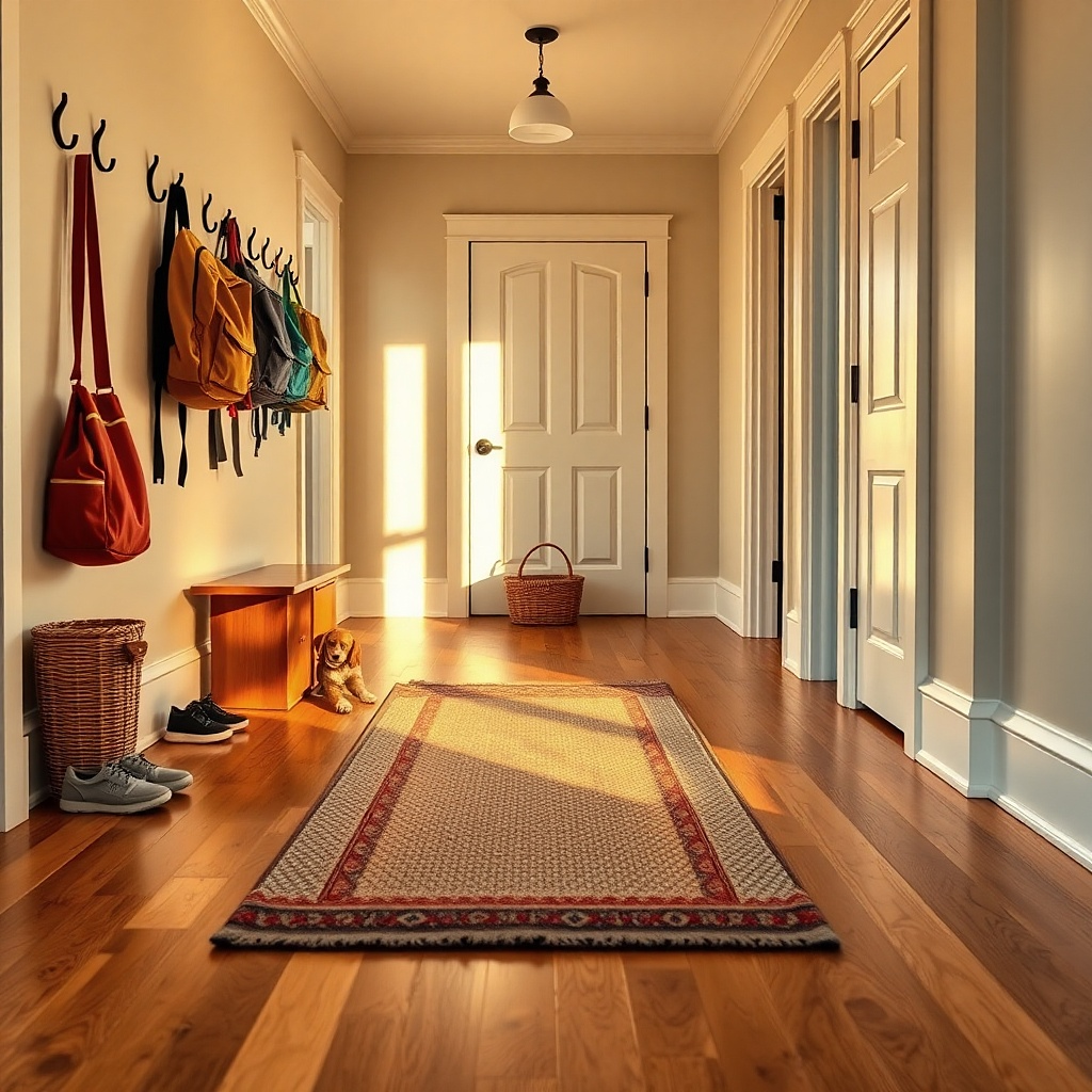 Short washable hallway runner with large bare floor gaps at each end