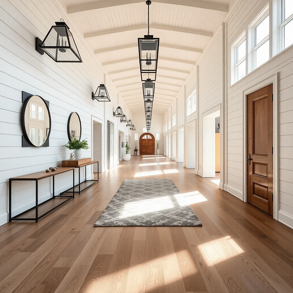 Long hallway with a perfectly fitted custom runner and even floor borders