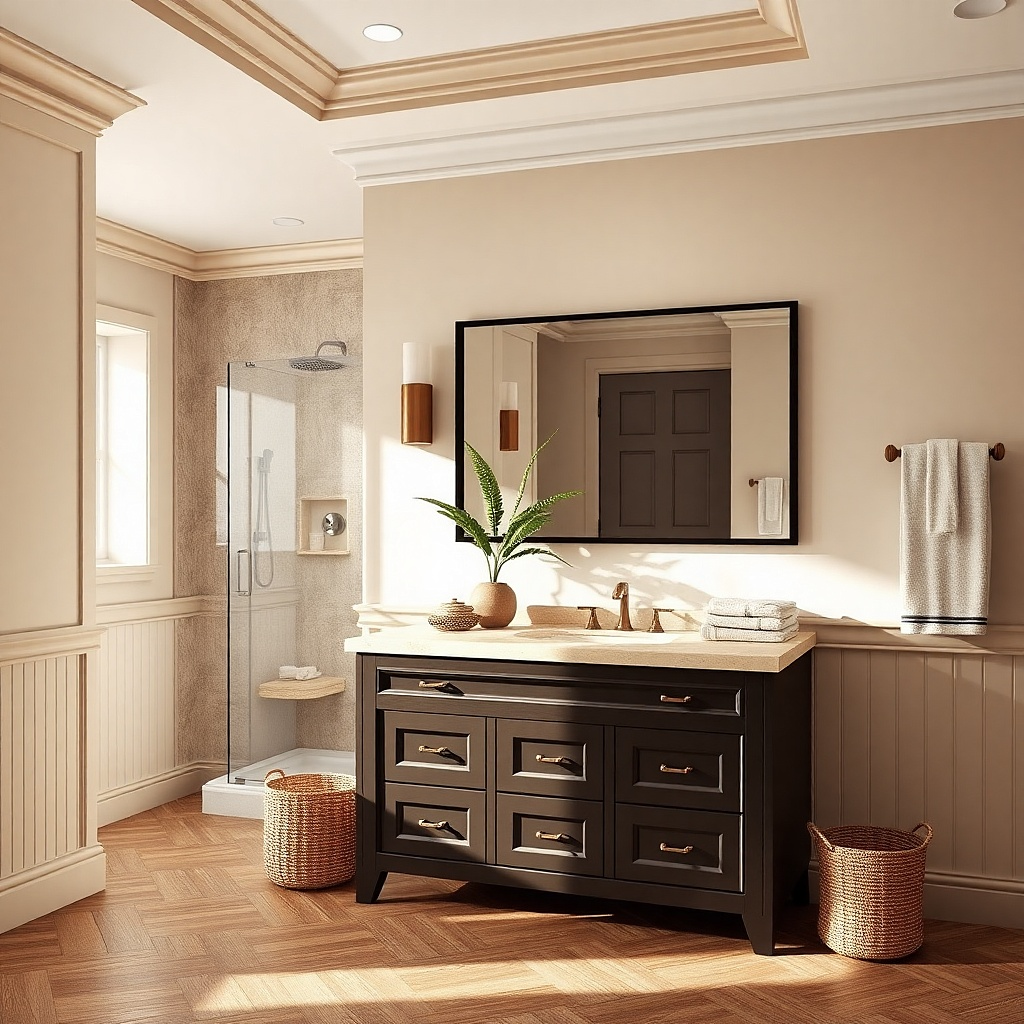 Deep espresso matte lacquer bathroom vanity with matching dark trim and minimal hardware