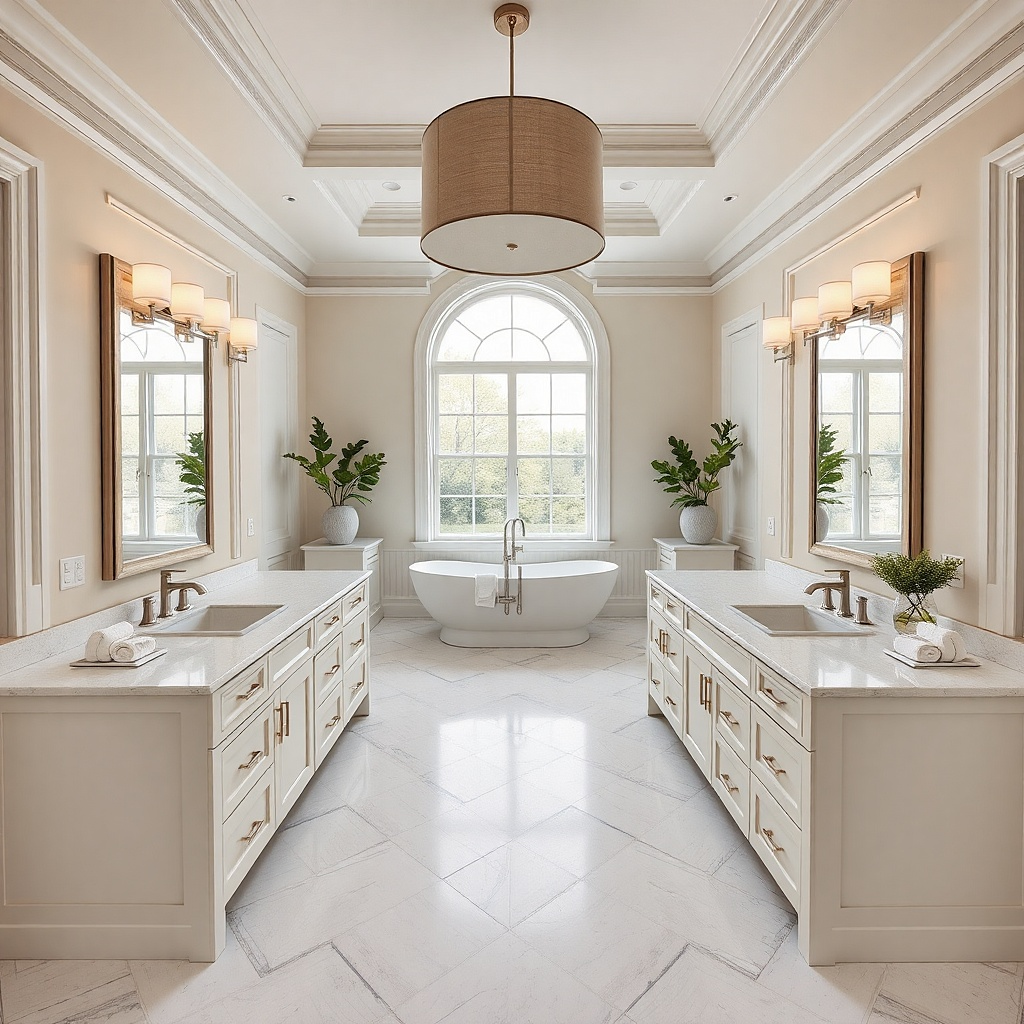 Two sinks on one long stone slab with a centered backsplash behind the mirror