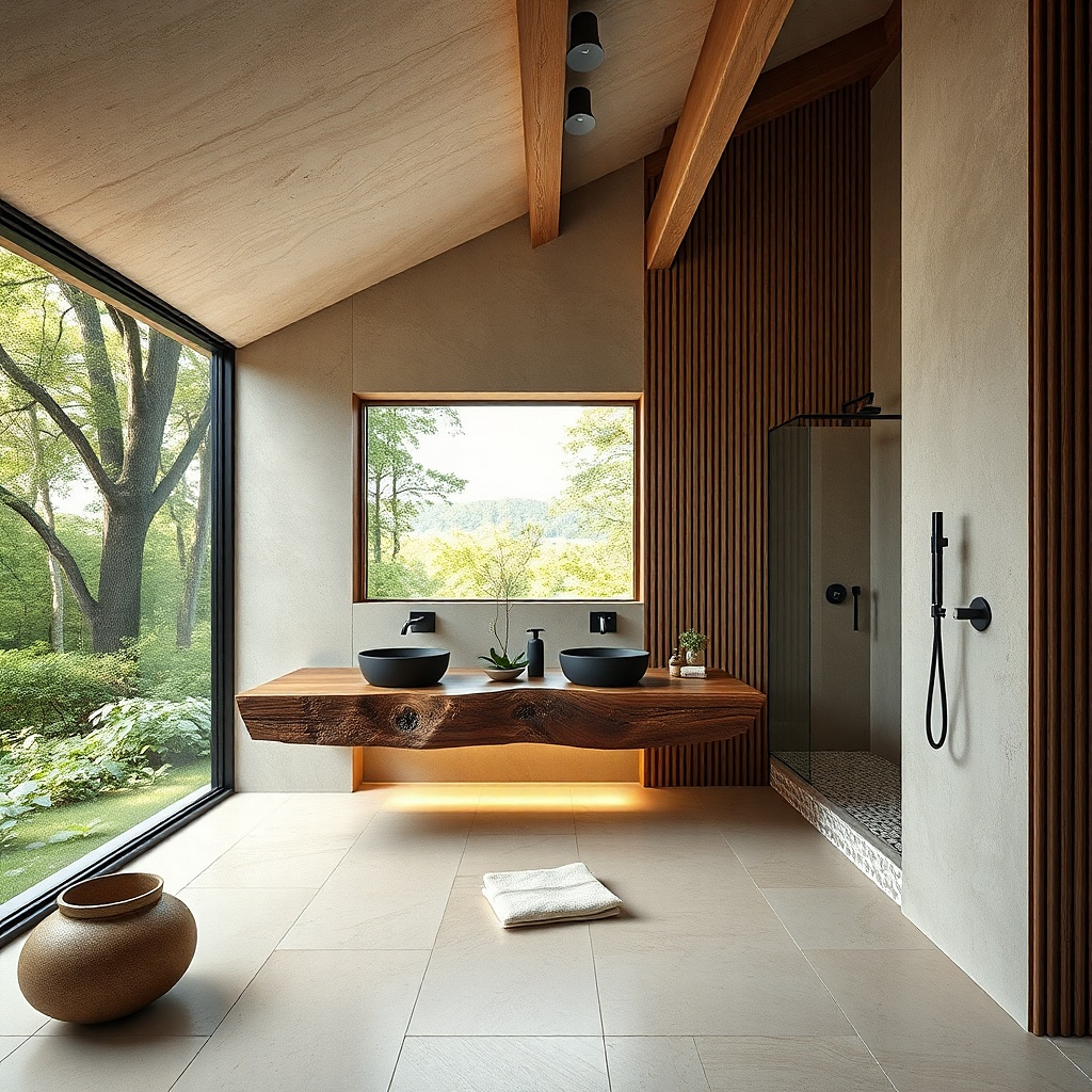 Floating walnut vanity with a live-edge wood top and warm oil sheen