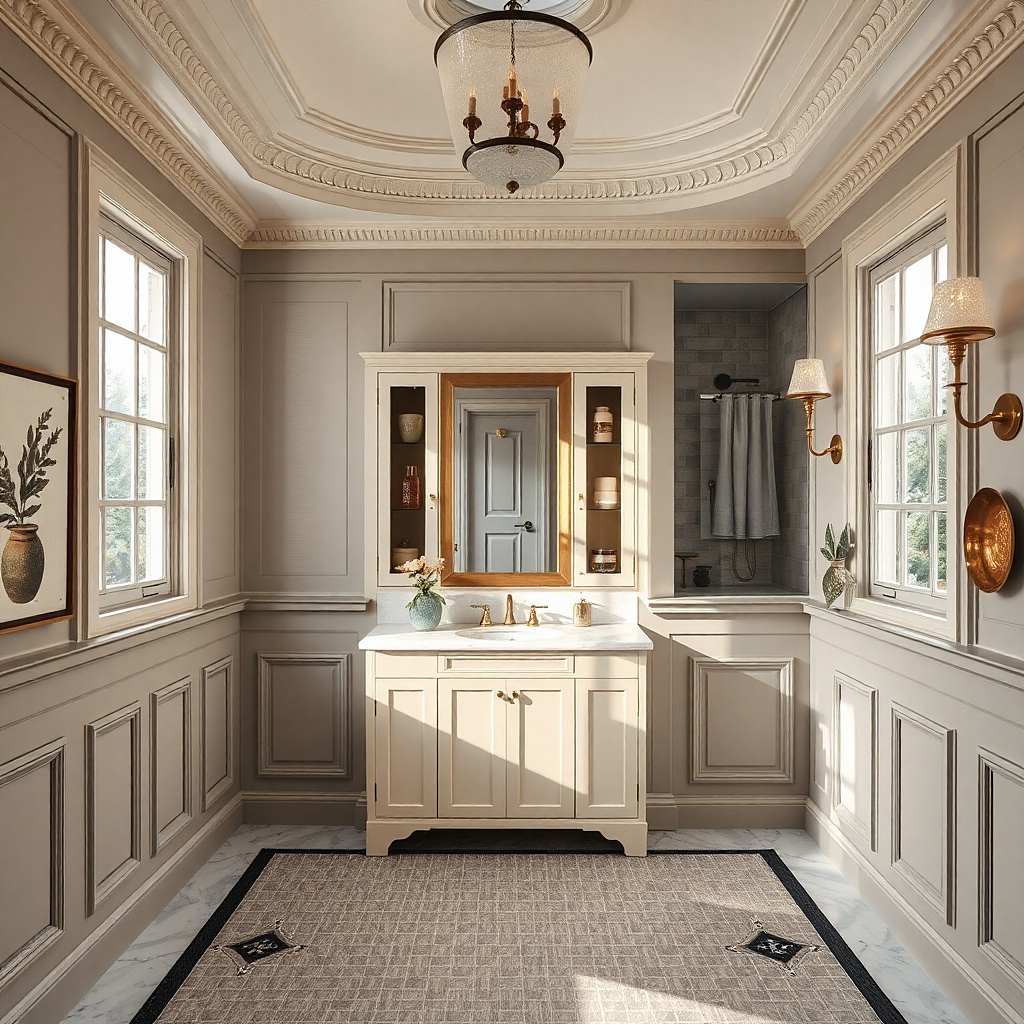 Brass-framed vanity with inset doors and glass-front cabinet section