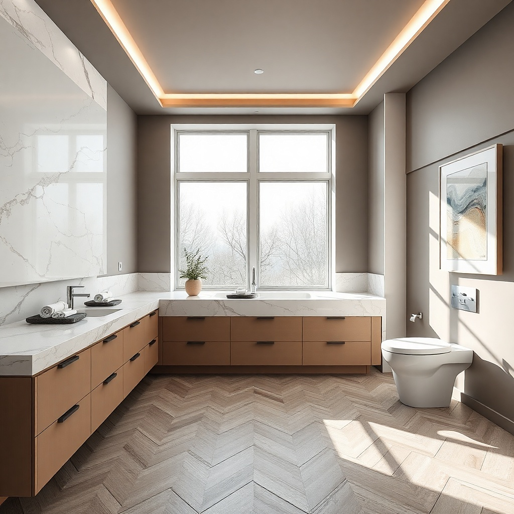 Marble-look porcelain vanity top with one wide undermount sink