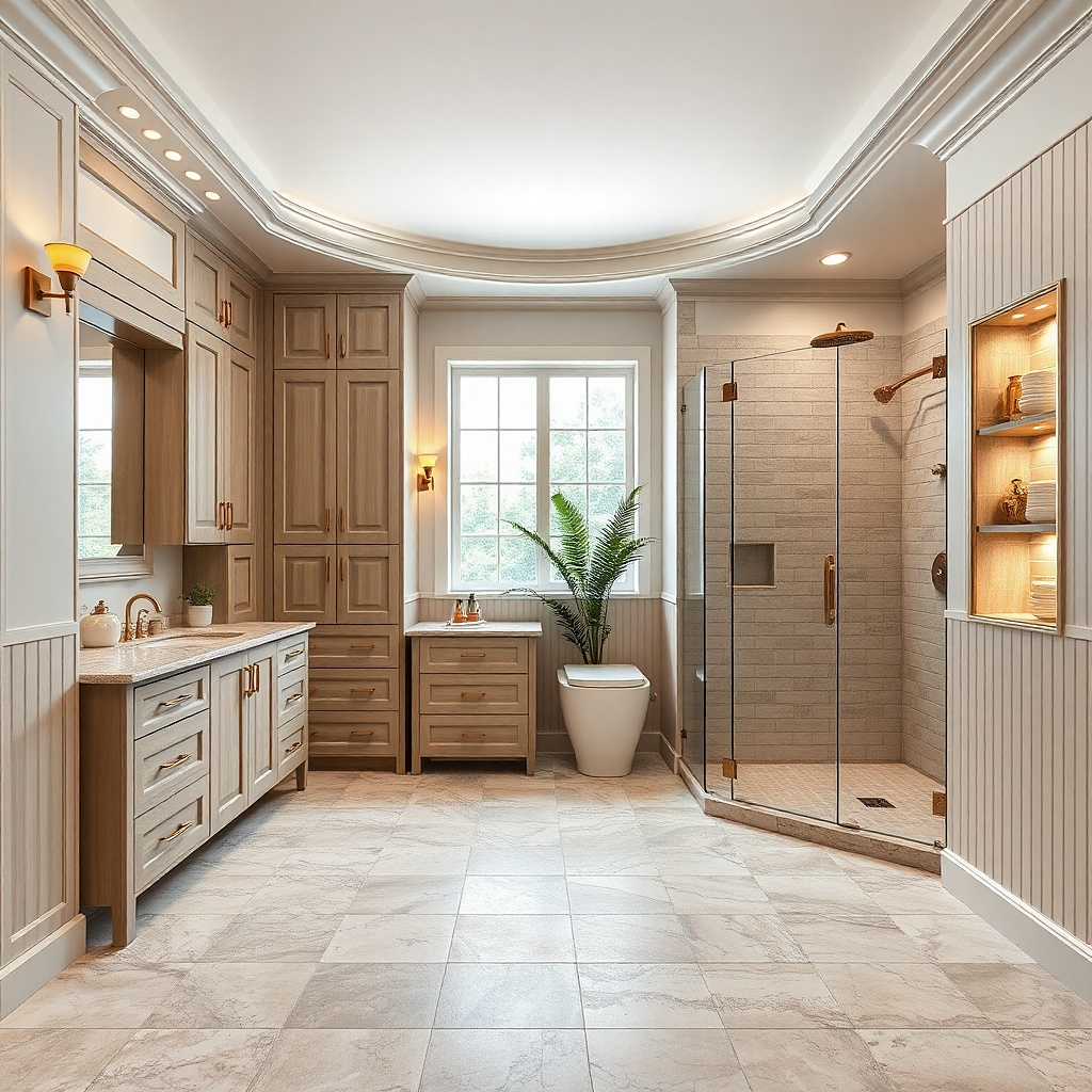 Vanity with matching tall cabinet tower for toiletries and hidden storage