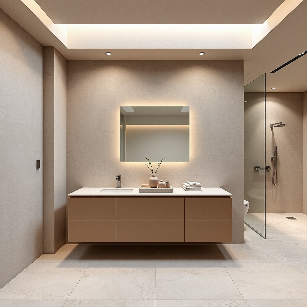 Stone backsplash panel behind mirror matching the vanity countertop