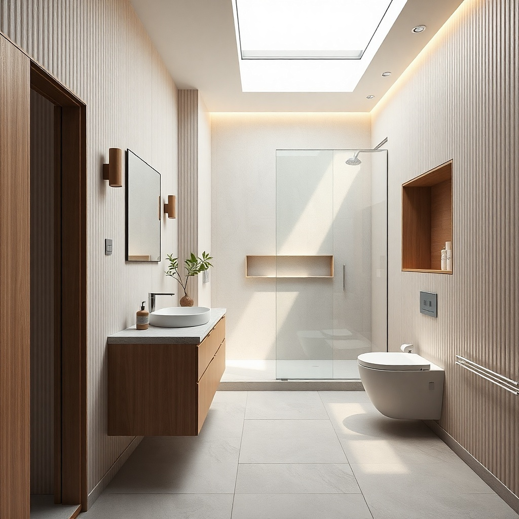 Single vanity with offset undermount sink and slim stone waterfall edge detail