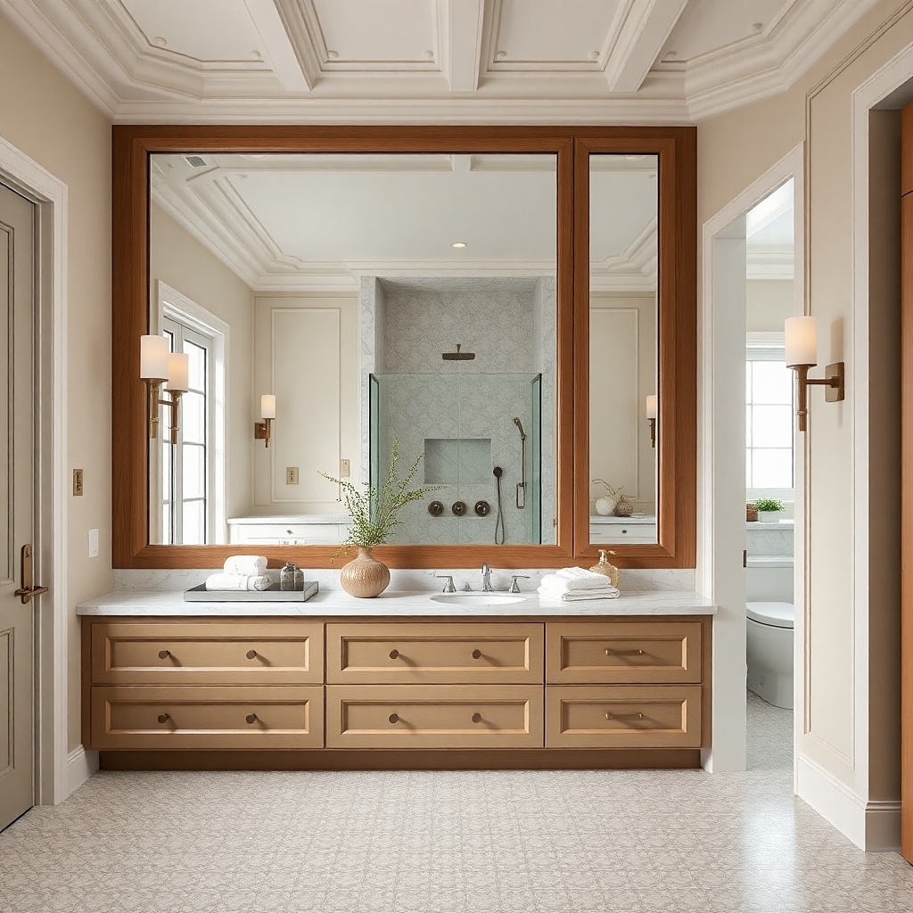 Framed mirror cabinet above vanity matching cabinet finish