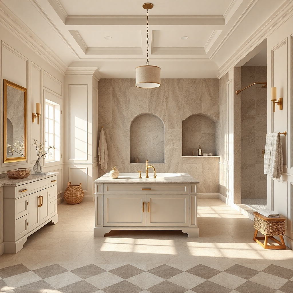 Honed limestone-look vanity top with soft brass faucet and minimal hardware