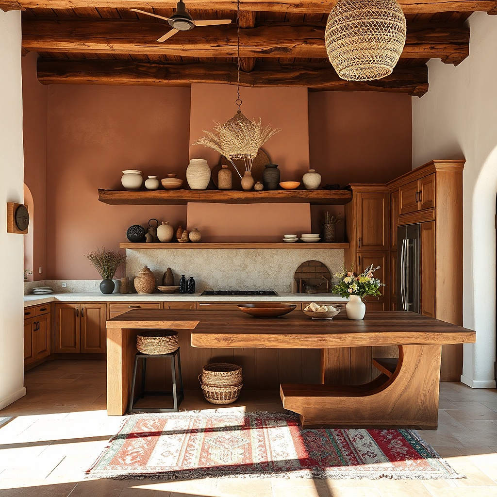 Floating shelf with ceramic canisters and a woven runner