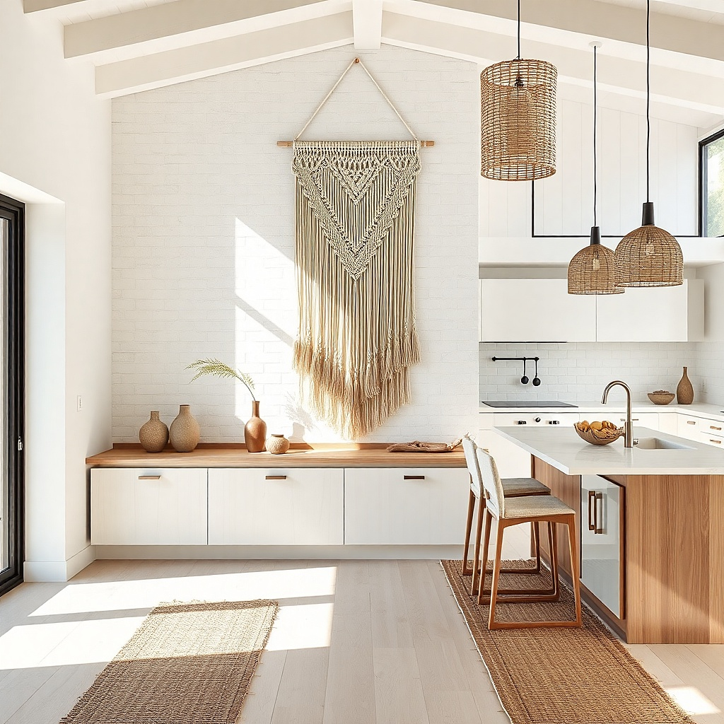 Macramé wall panel hanging above a narrow console table