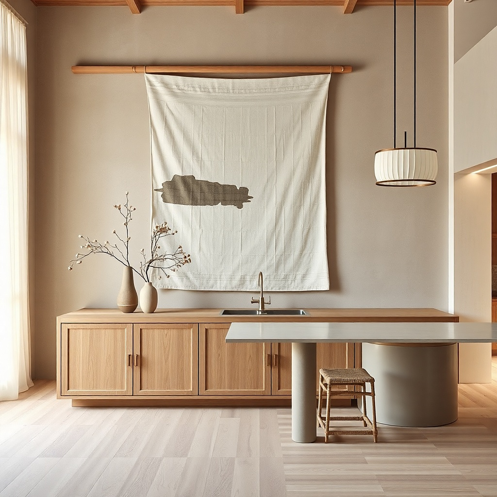 Large linen wall hanging with a block print in warm earth tones