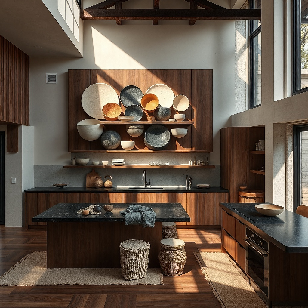 Wall-mounted ceramic bowls layered on aged wood backing