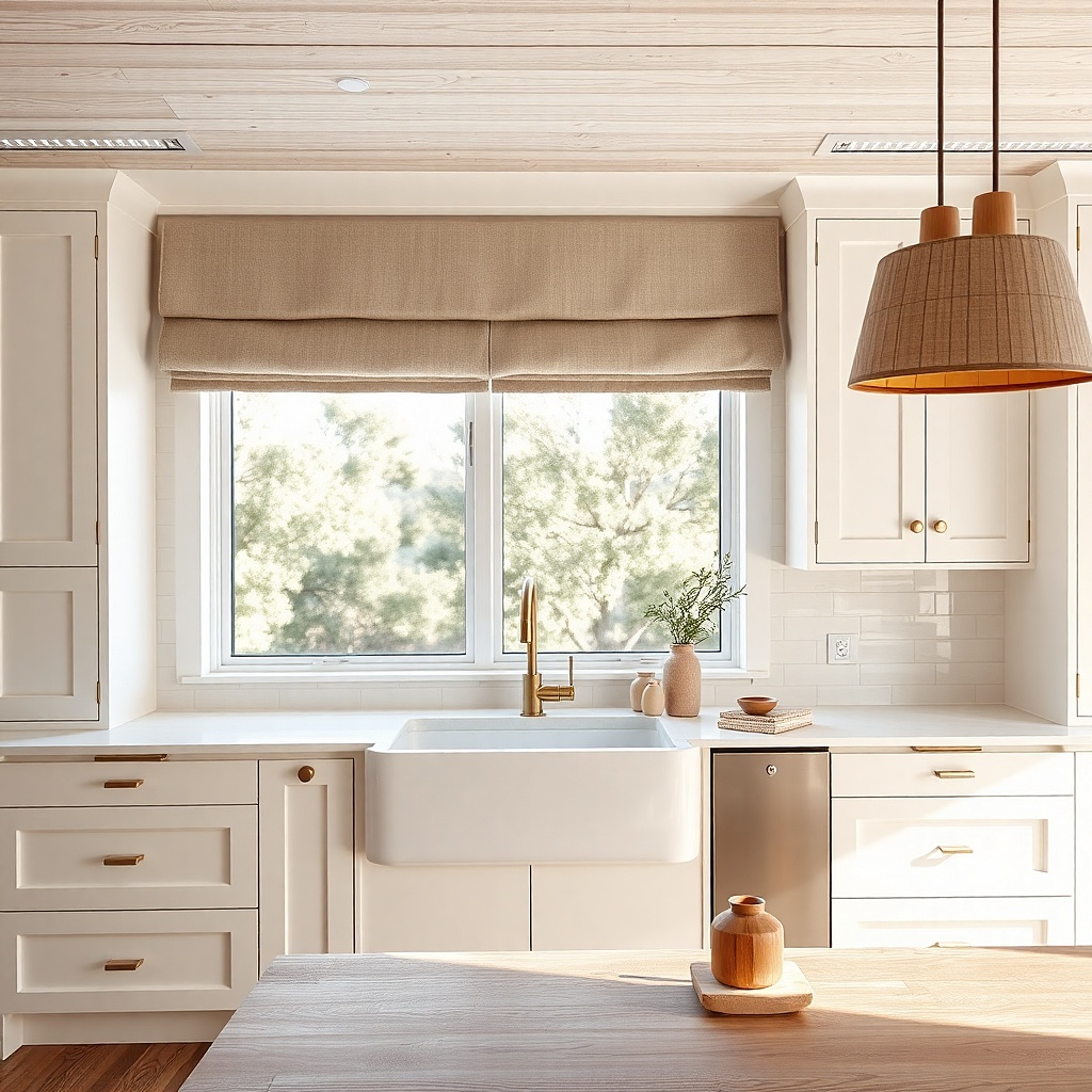 Off-white washed linen straight band valance above a kitchen window