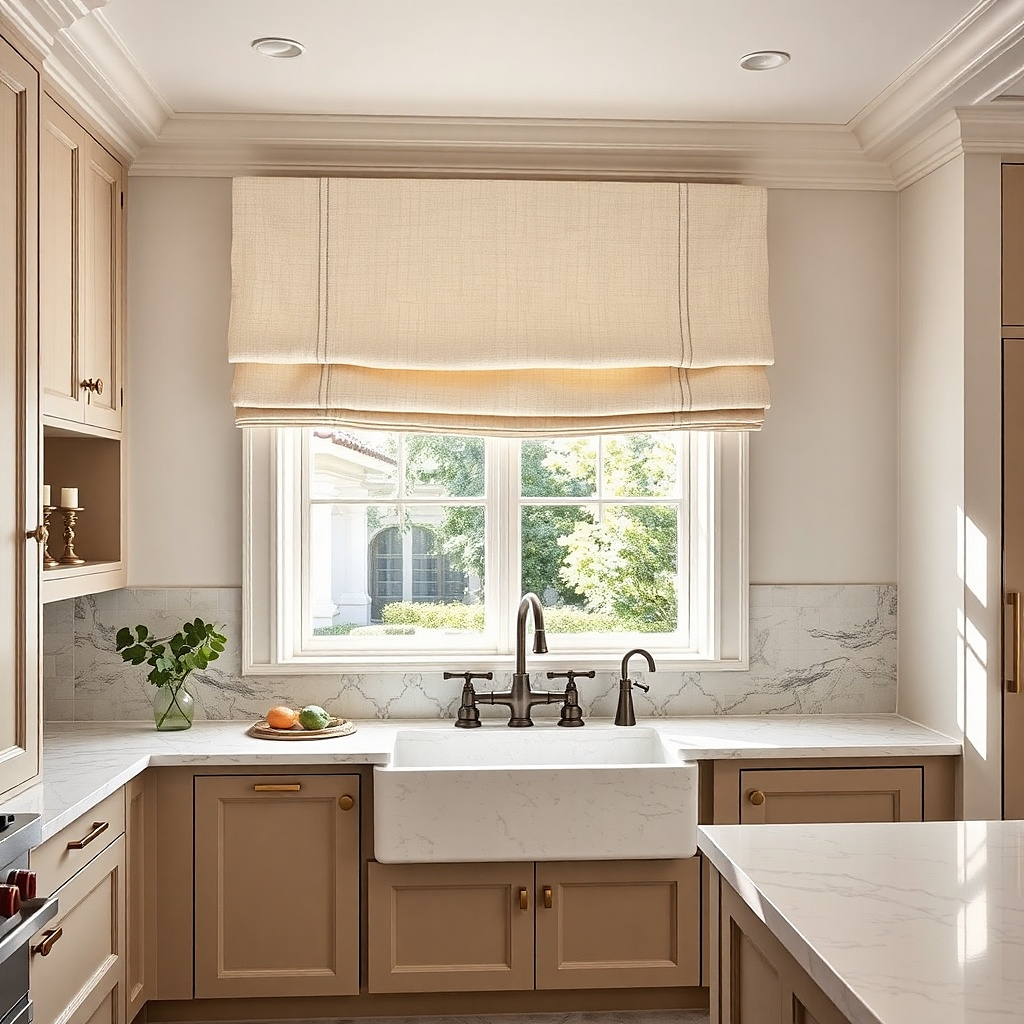 White pinch-pleat valance with a flat header above a kitchen window