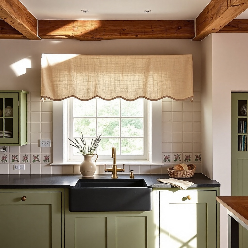 Ivory lined scalloped valance with soft arches above a kitchen window