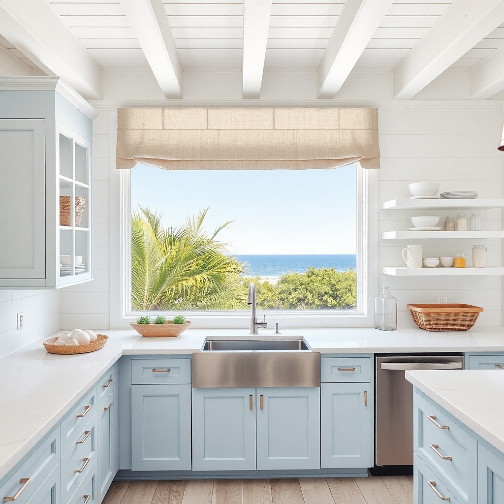 Sheer-leaning tab-top valance in pale beige above a kitchen window