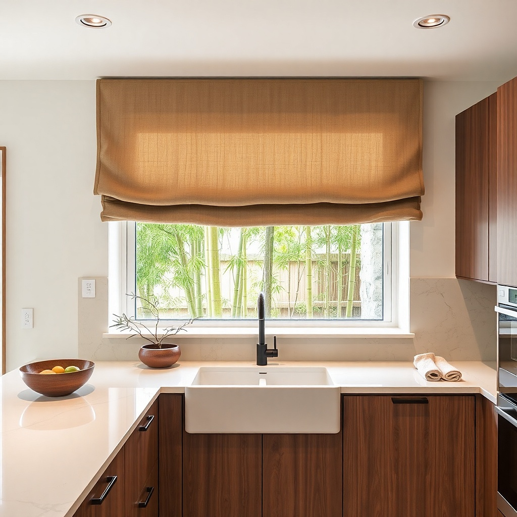 Cream gathered valance with a concealed rod pocket above a kitchen window