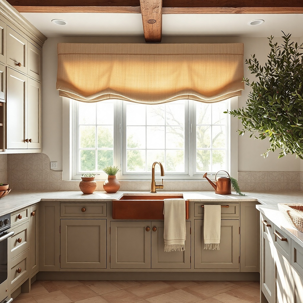 Light taupe swag valance with a center drop above a kitchen window