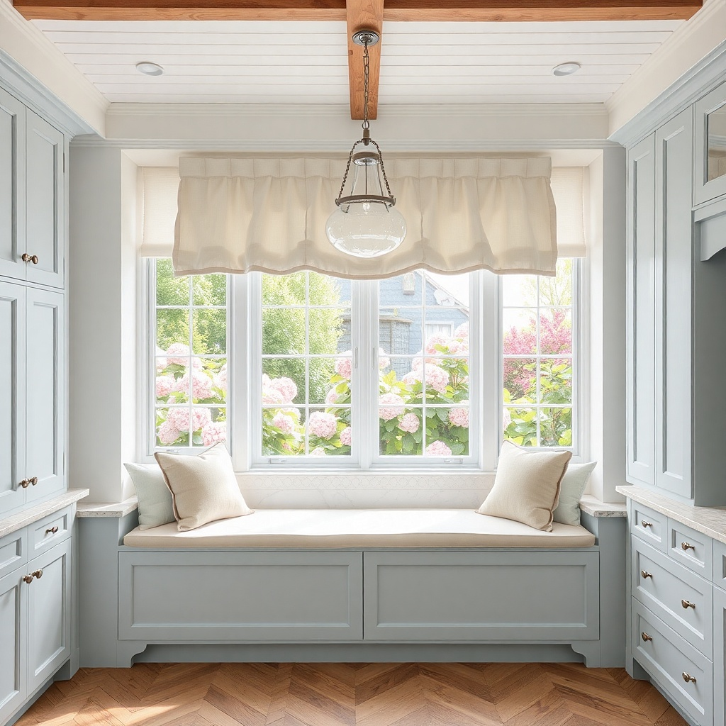 Cream balloon valance with small gathers above a kitchen window seat