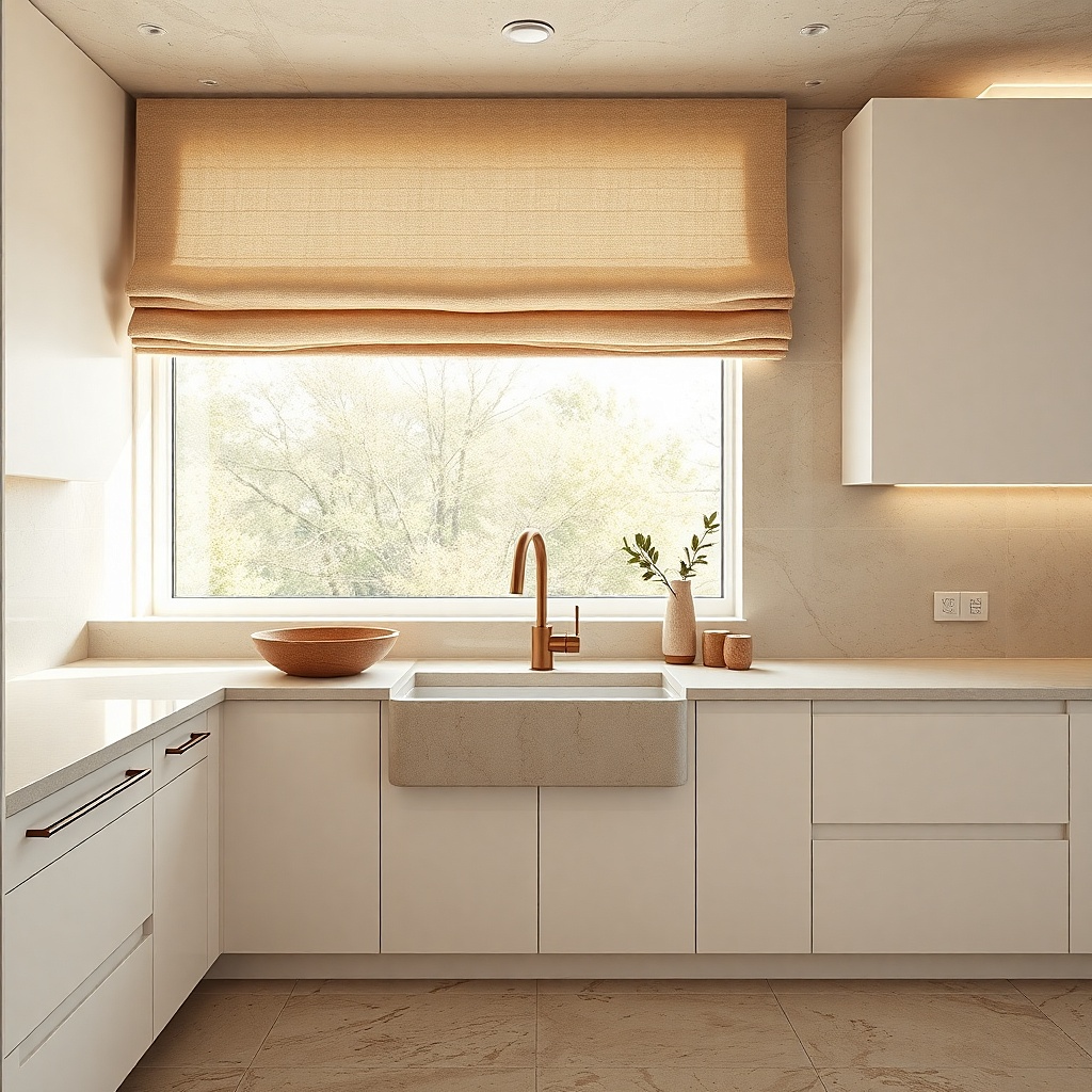 Soft white roman-shade look valance with tied fabric folds above a kitchen window