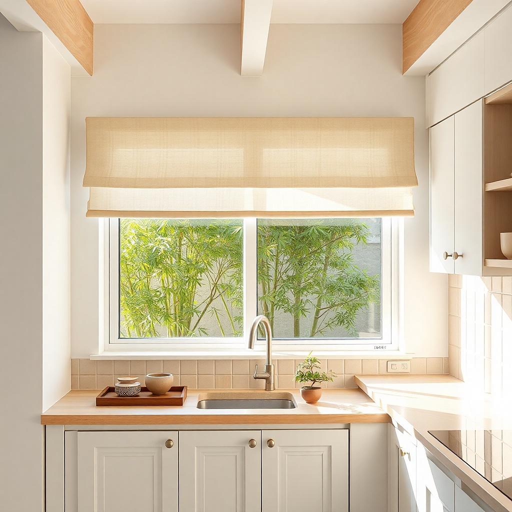 Two-layer valance with sheer top and solid underlayer above a kitchen window