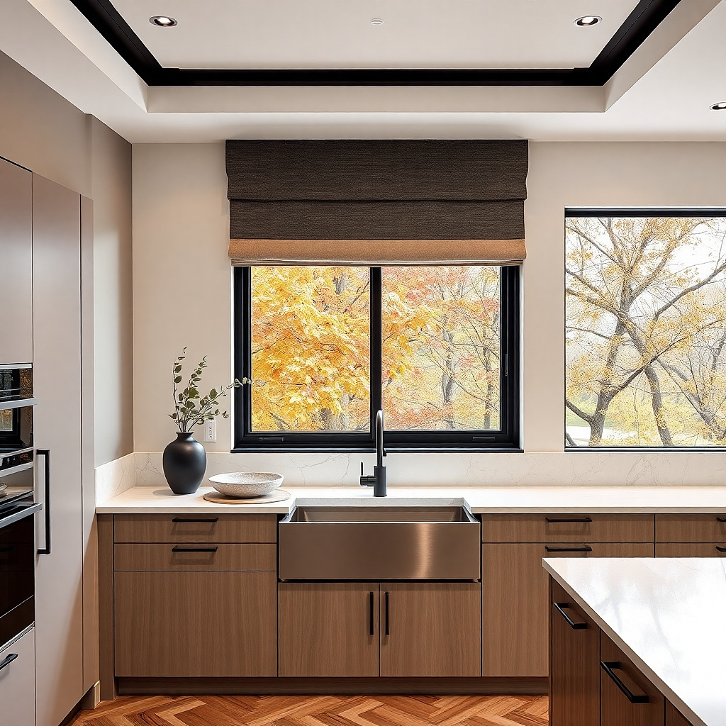 Moody charcoal valance with a lighter hem edge above a kitchen window