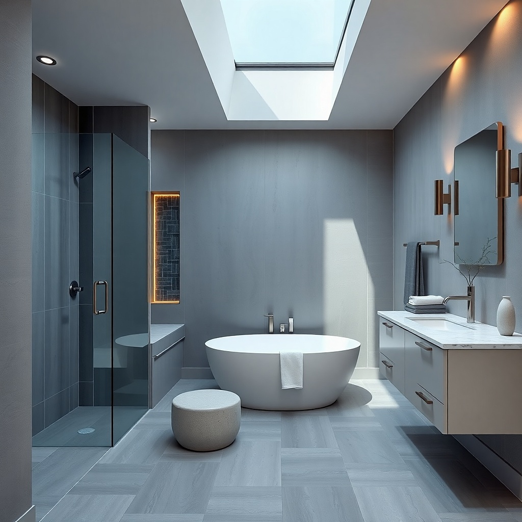 Light marble-look tub surround with warm grout lines and a simple wall niche