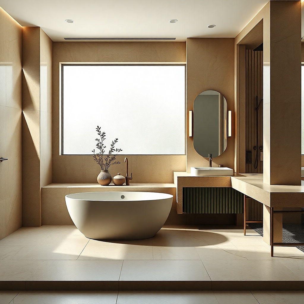 Single-tone shower wall with a slim linear drain and minimal lines