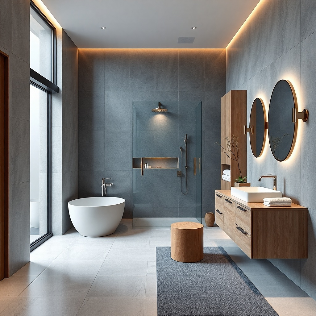 Warm greige bathroom walls with soft natural light and minimal trim