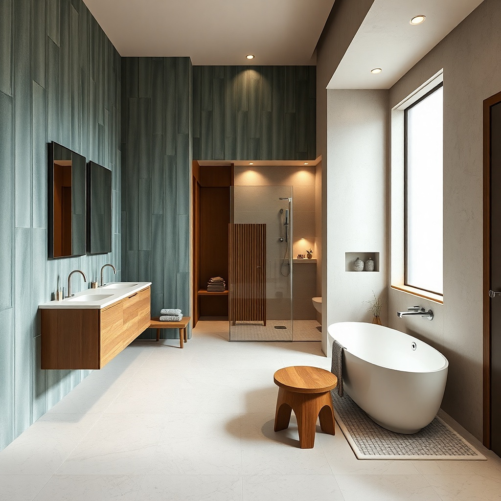 Slim tub-side storage ledge integrated into the wall