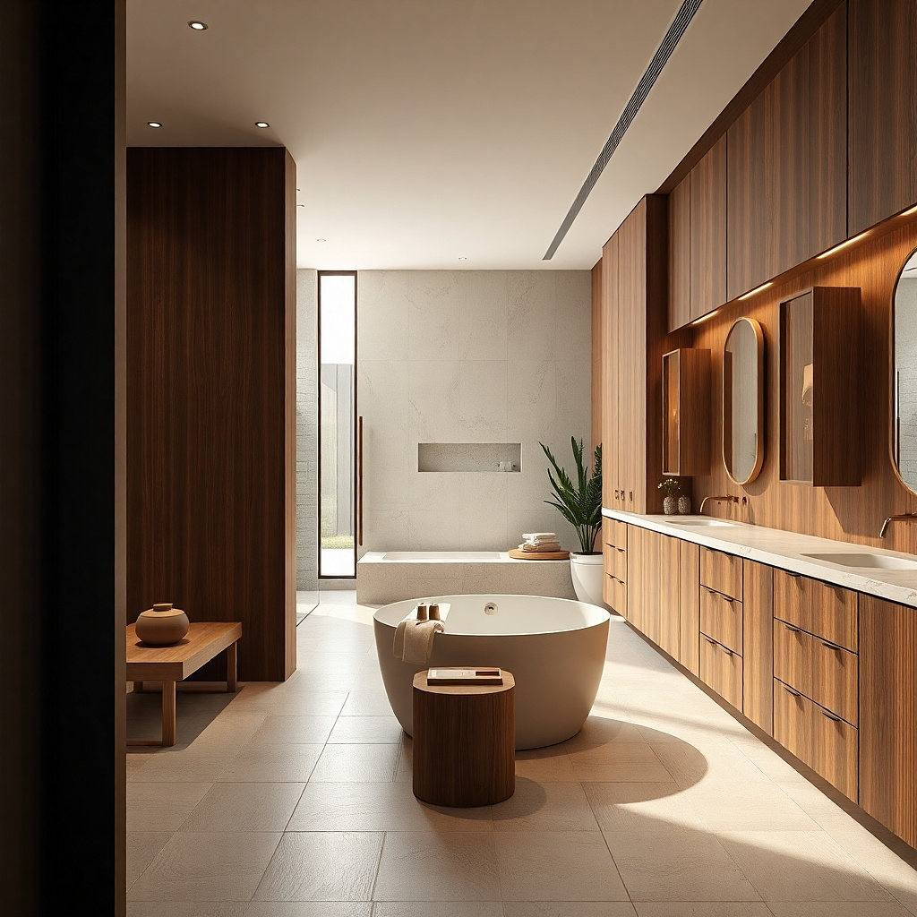 Flush-door linen storage tower in a narrow bathroom corner